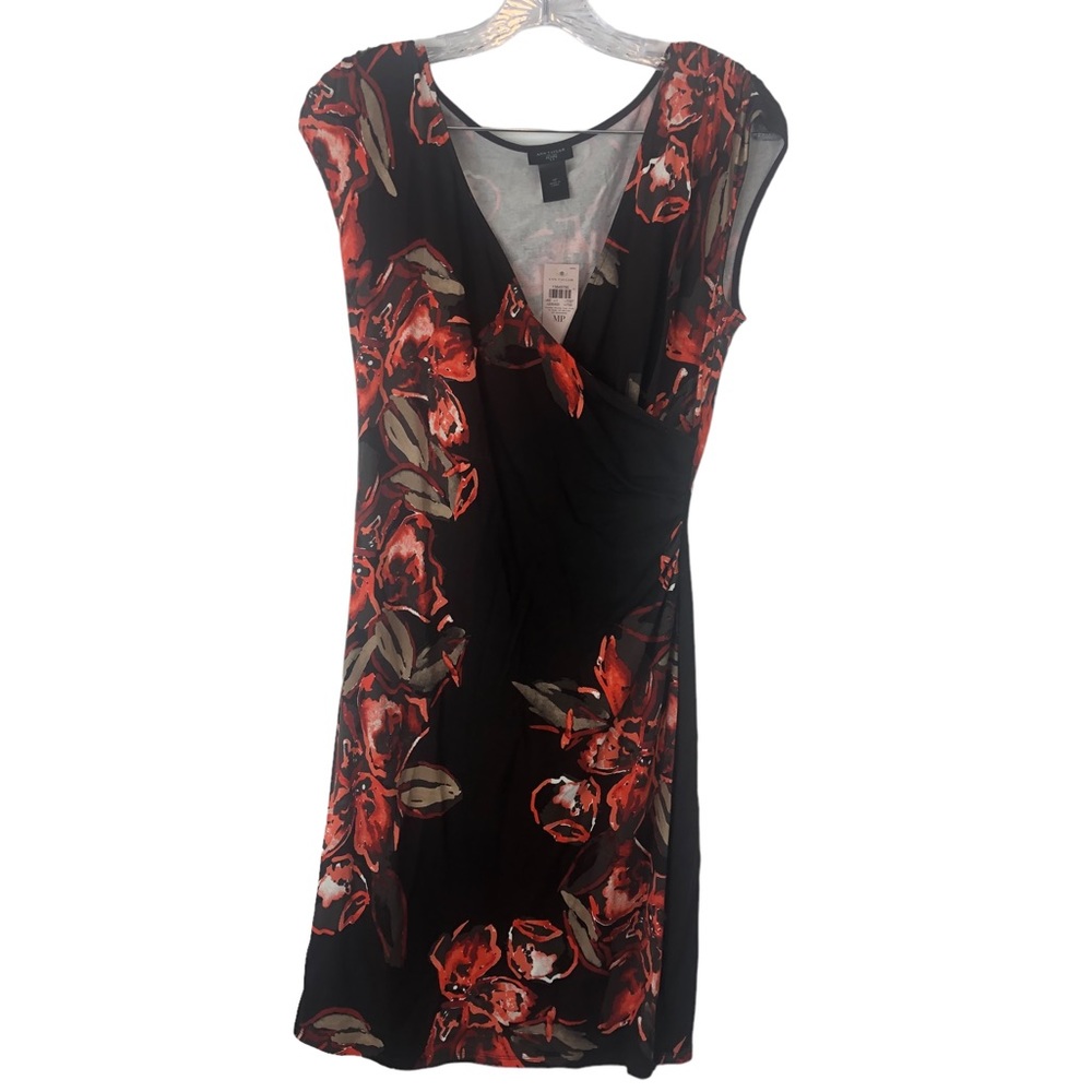 NWT Ann Taylor Brown Orange Floral Faux Wrap Neckline Sleeveless MIDI Dress